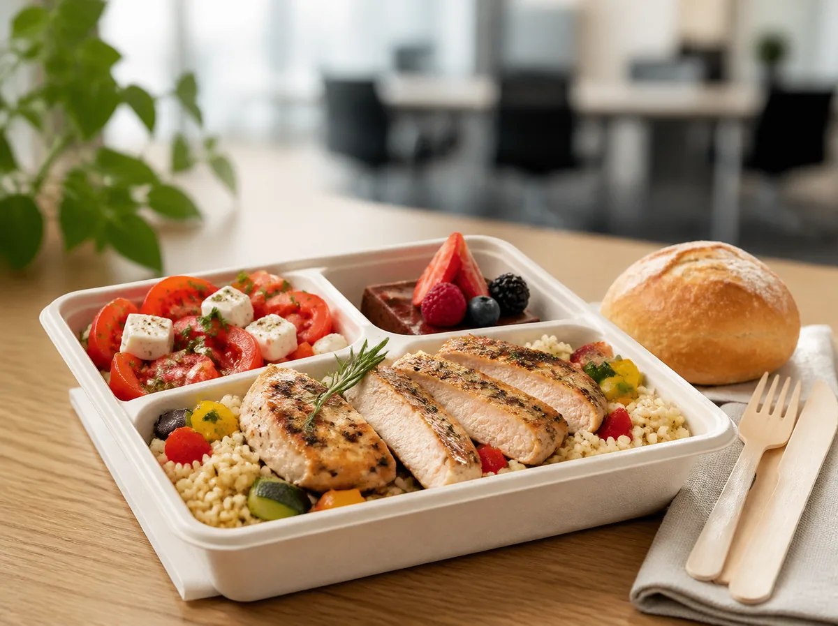 Plateau repas froid livré sur une table de réunion